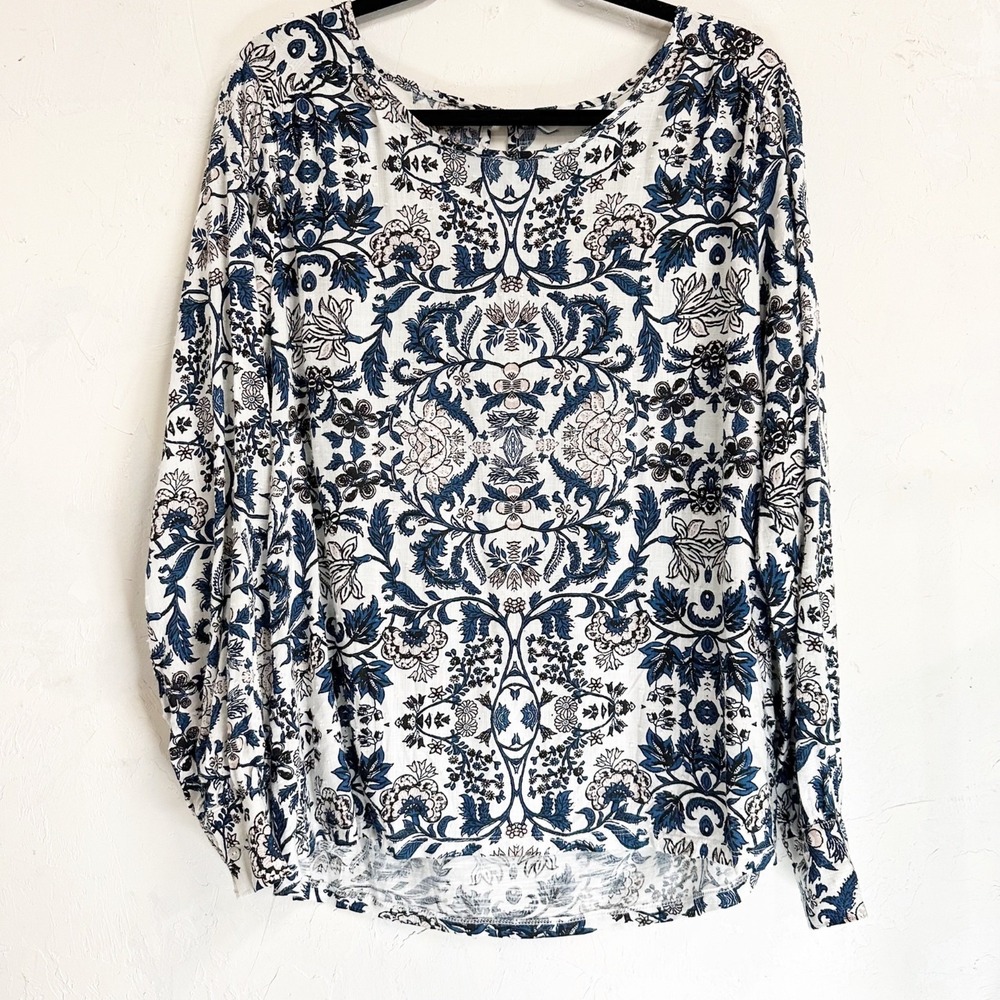 Lucky Brand Floral Long Sleeve Flowy Textured Blouse Women Blue White Large